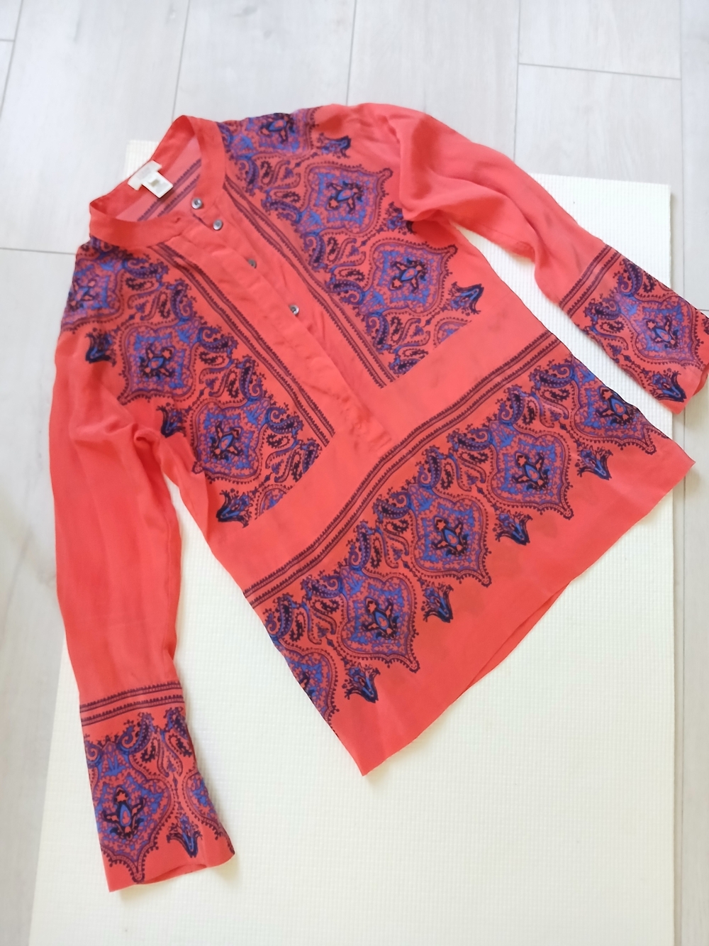 J Crew Red Silk with blue print blouse, women, XXS, long sleeve, mint